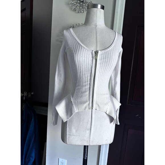 Guess white ribbed peplum style full zip up sweater top XXS - Picture 5 of 5